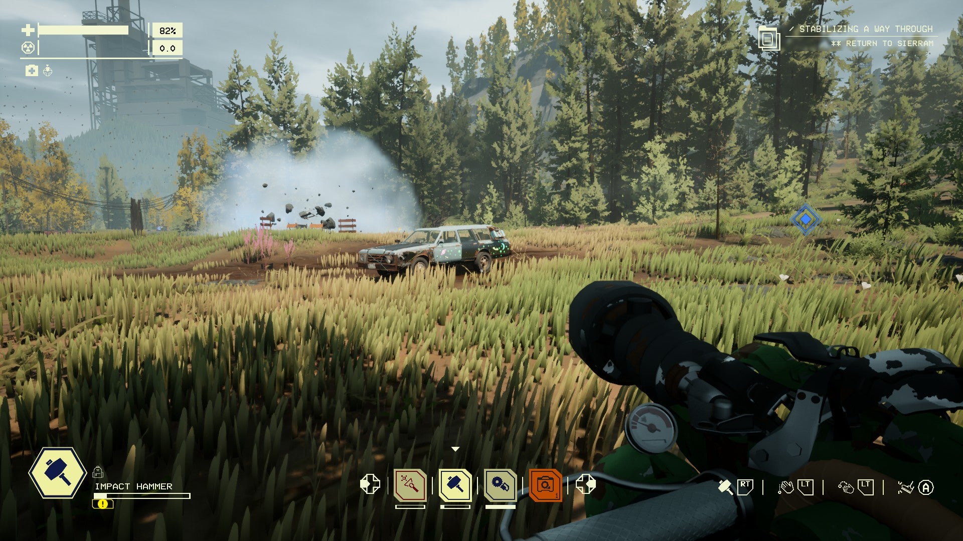 A dust cloud looms near a car in Pacific Drive. - 5