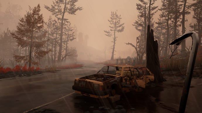 The player approaches a broken down car at the side of the road in Pacific Drive