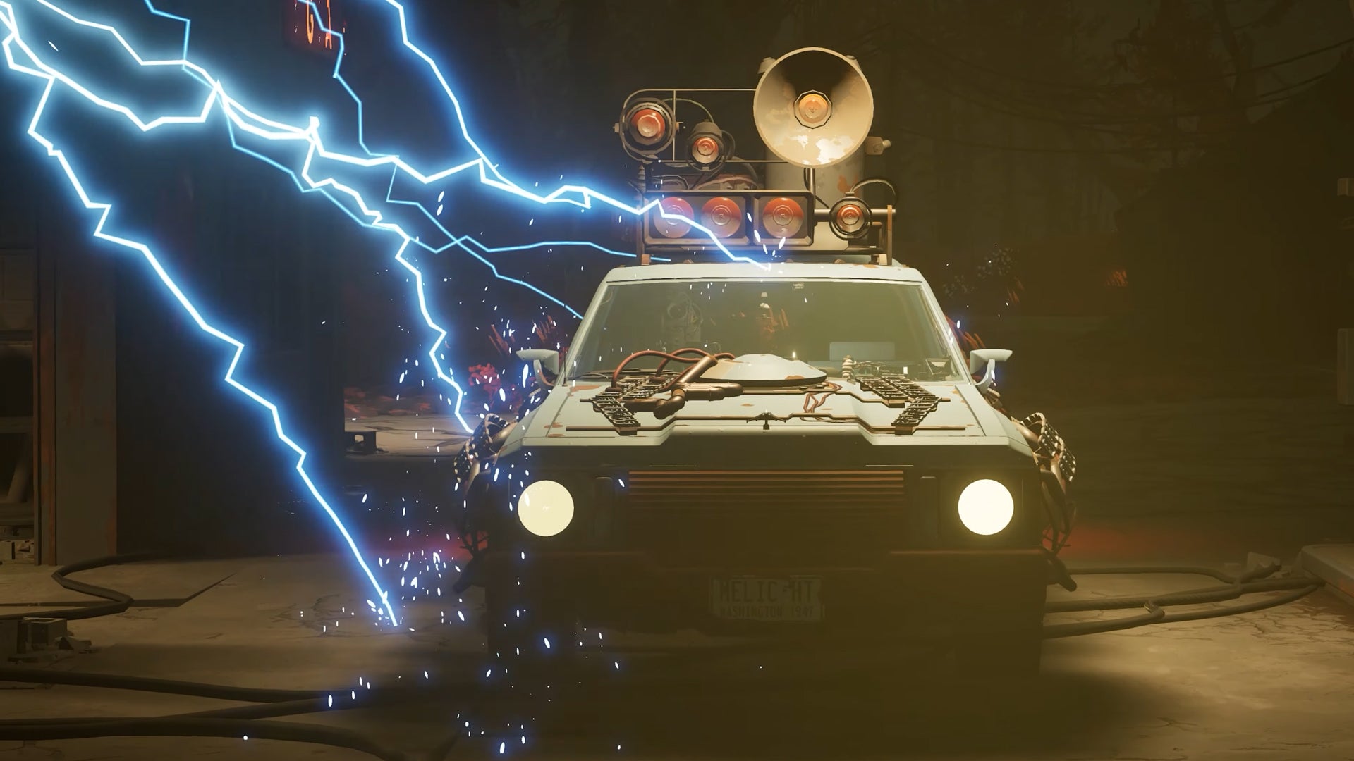 A car with various attachments on the outside of it is being hit with bolts of electricity in Pacific Drive. - 1