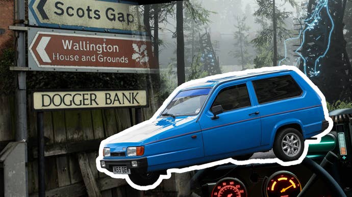 Montage of British road signs, a Reliant Robin, and Pacific Drive