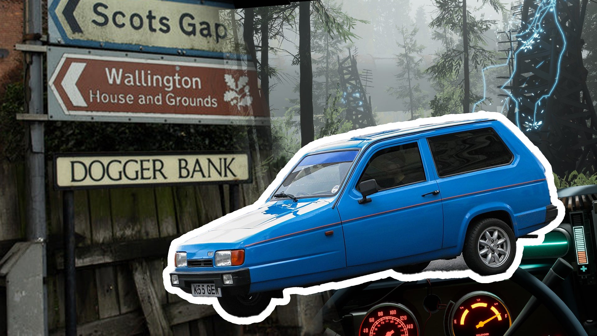 Montage of British road signs, a Reliant Robin, and Pacific Drive - 1