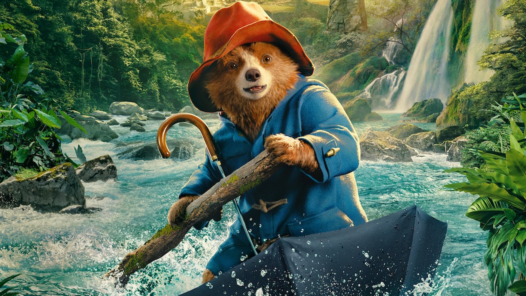 Paddington riding an umbrella down a rapid in Peru in a poster for Paddington in Peru. - 1