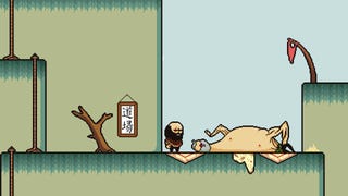 A bearded man looks at a grotesque naked human slug monster in Lisa: Definitive Edition