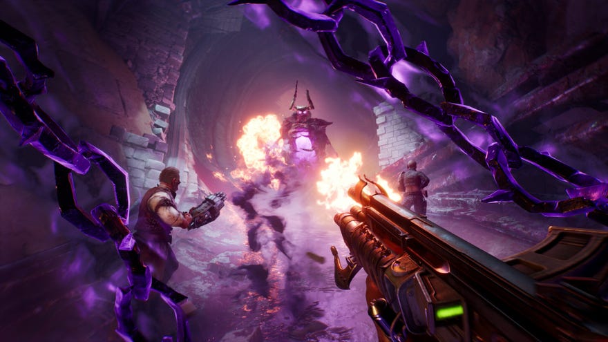 A archetypal  idiosyncratic   position  of someway  firing a weapon  astatine  immoderate   benignant  of demon successful  a cave, 2  others doing the aforesaid  successful  the Painkiller remake.