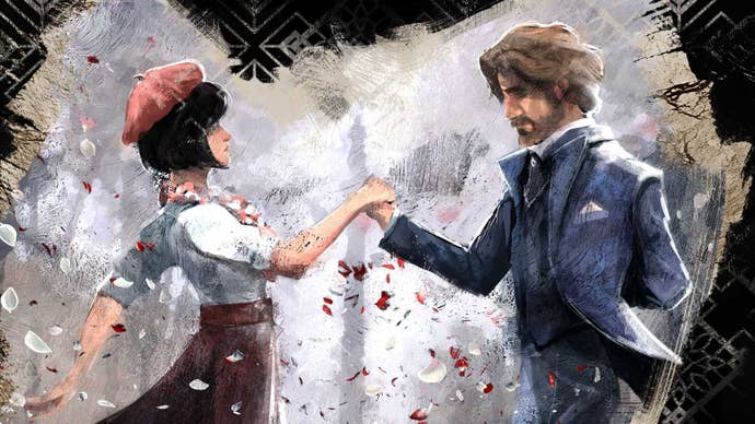 paint effect artwork for Clair Obscur Expedition 33 showing two characters holding hands while looking towards each other