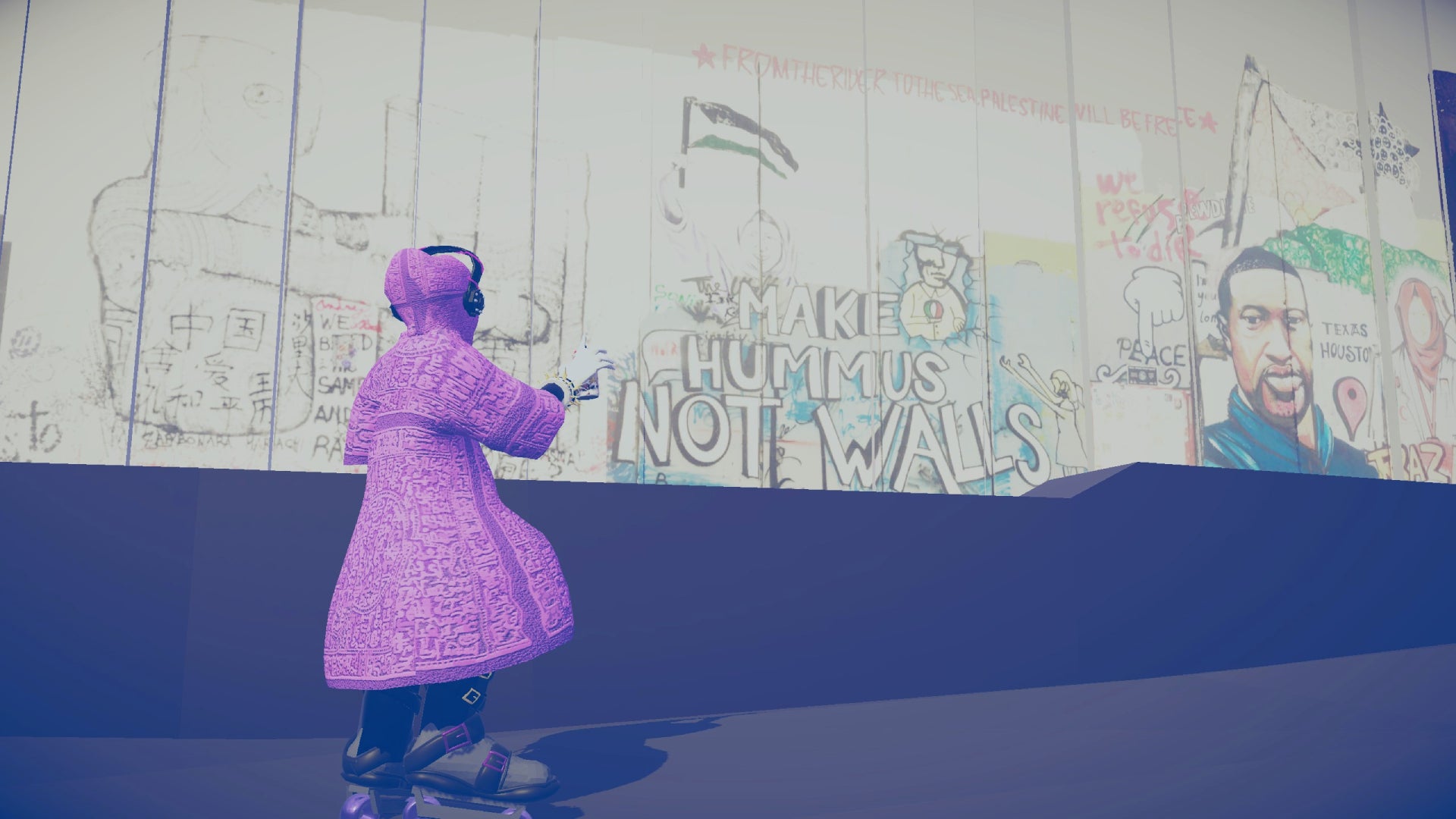 The rollerblading player looks at some graffiti on Palestine Skating Game's version of the West Bank wall. - 1