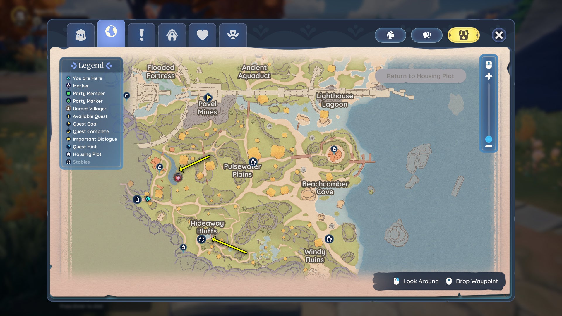 Screenshot of pond locations in Bahari Bay, Palia.