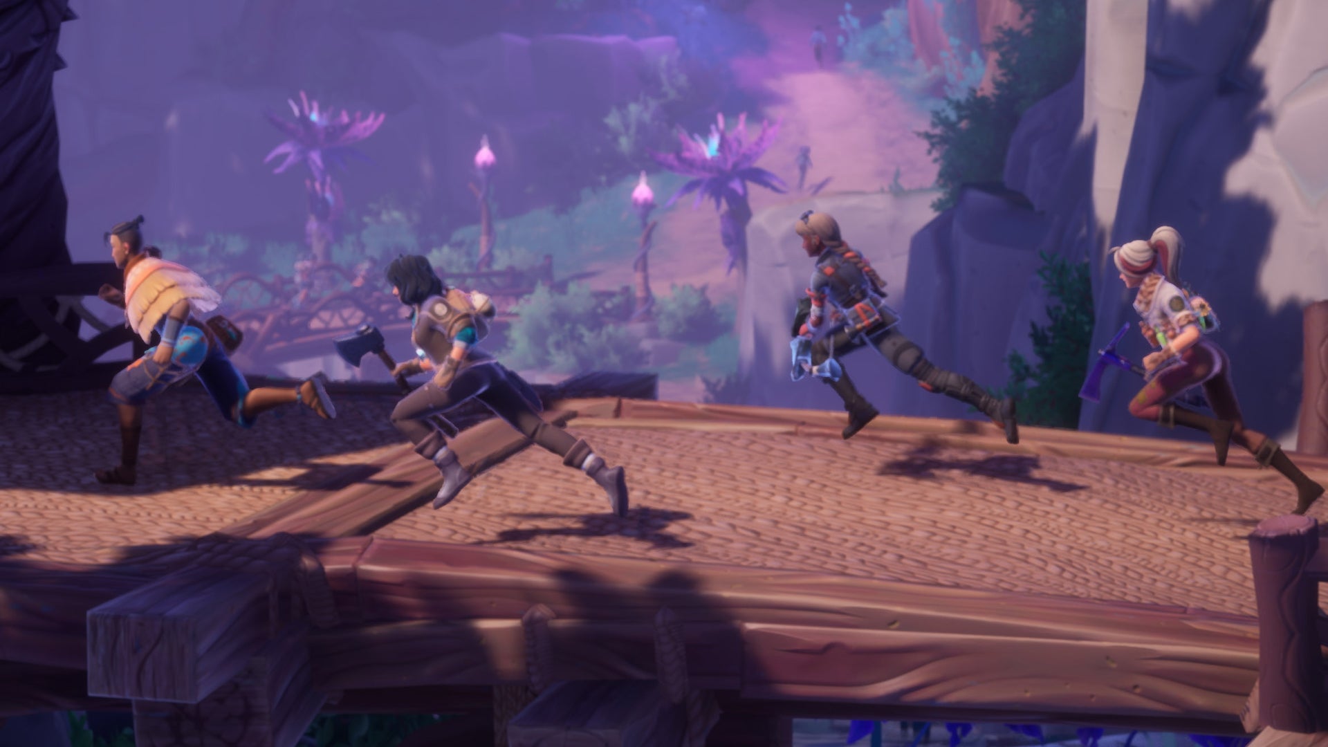 Four players running across a wooden bridge in Palia. - 1