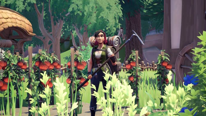 A woman gardens in Palia