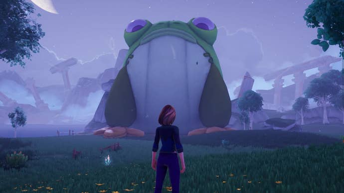 A giant frog plushie looming over a valley for a launch event in Palia