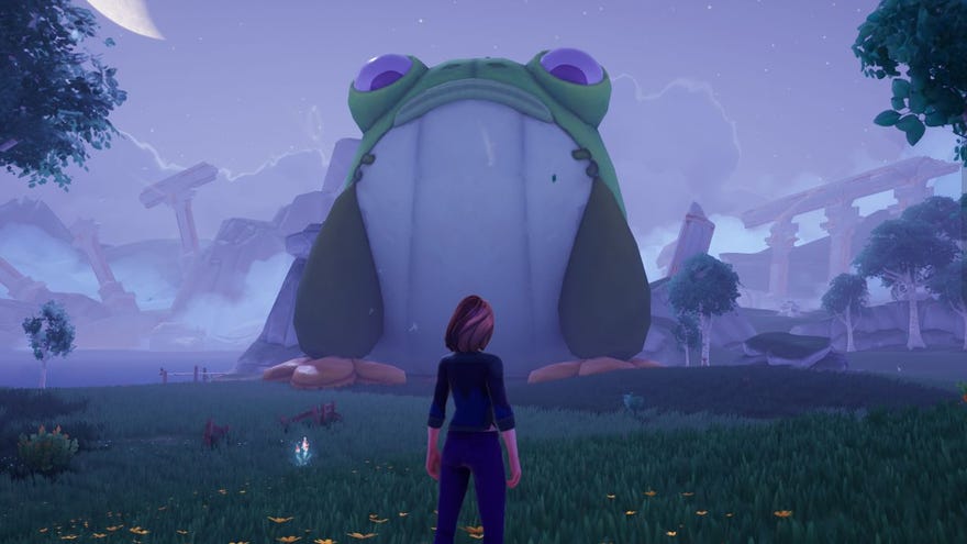 A giant frog plushie looming over a valley for a launch event in Palia