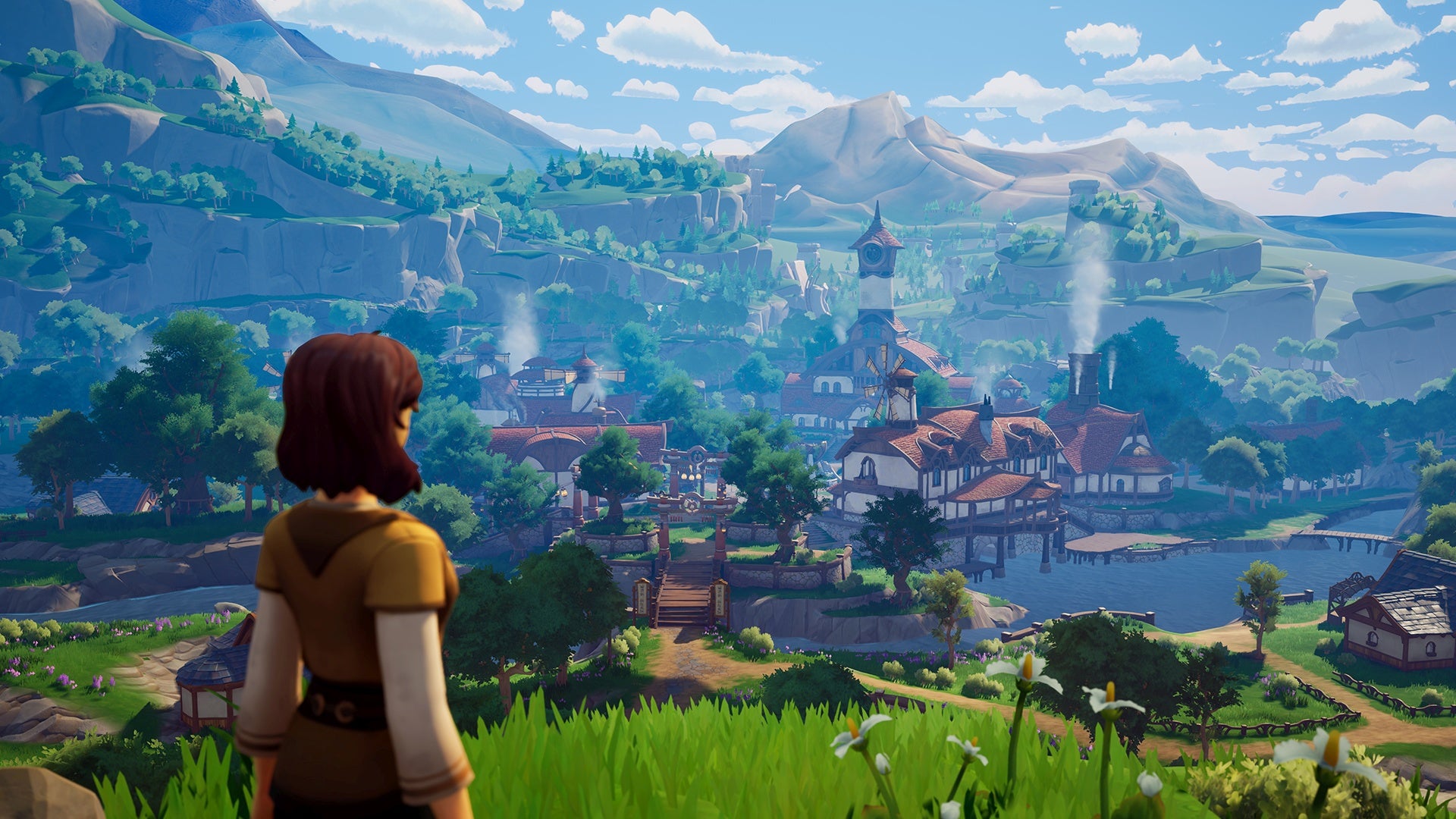 A screenshot of Palia, an MMO, showing a young woman on a hill facing away from the camera, looking down over a cute parochial village surrounded by green hills. - 1