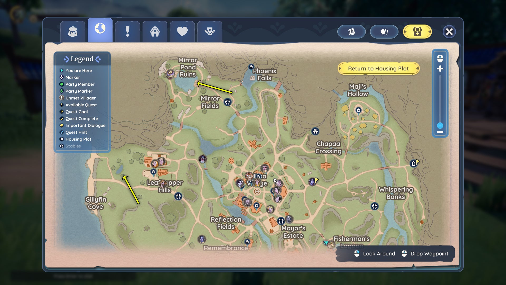 Screenshot of pond locations in Kilima Valley, Palia.