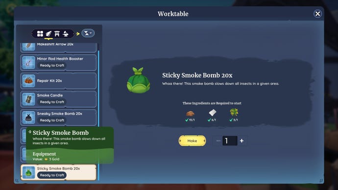 Screenshot of the Sticky Smoke Bomb recipe in Palia.