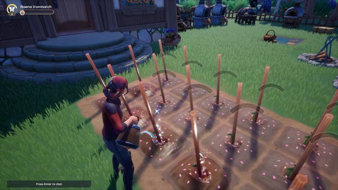 Screenshot of a player watering Tomato seeds in Palia.