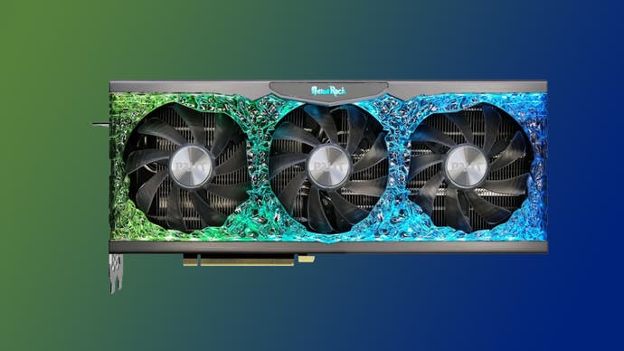 Image of a Palit RTX 3090 on a green to blue gradient background.