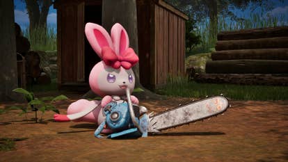 A purple puffy carnal with large ears and a ribbon bow, holding a soiled chainsaw successful a lumberyard from Palfarm