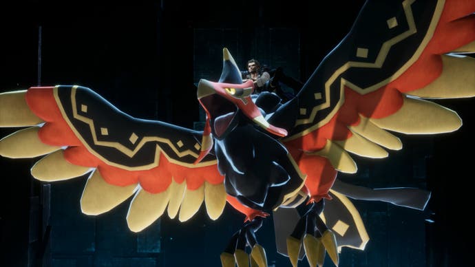 Palworld screenshot showing a male character on the back of a large winged Pal