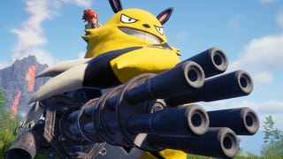 A huge yellow Pal in Palworld holding a mini gun