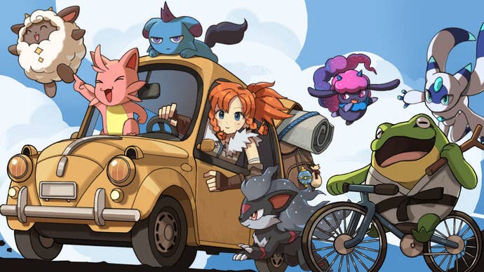 Palworld cartoon artwork showing human character in car surrounded by multiple Pal creatures