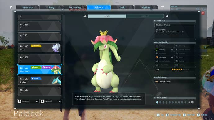 Palworld screenshot of a Dinossom Pal