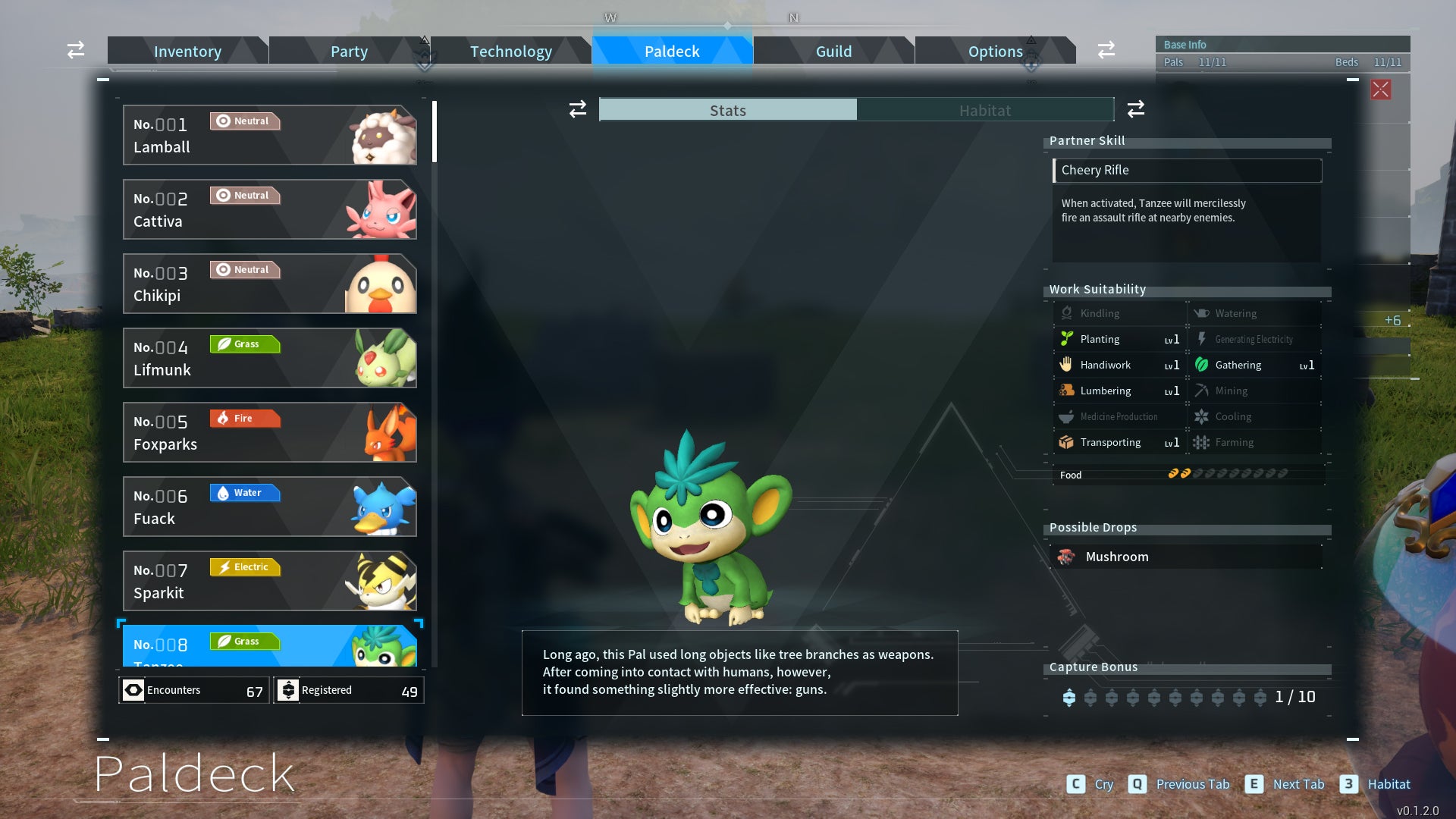 Palworld screenshot of a Tanzee Pal - 1