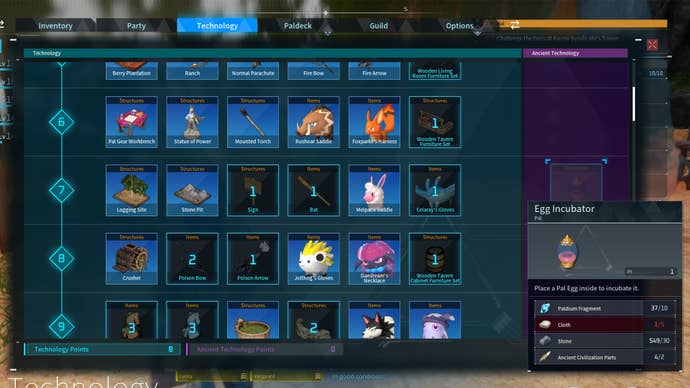 Palworld screenshot of the Ancient Technology menu