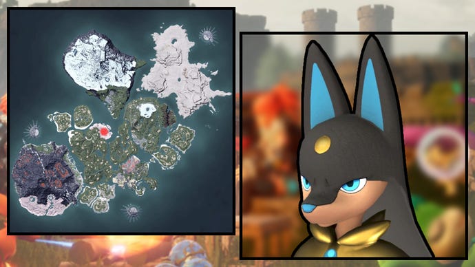 A screenshot of an Anubis in Palworld, next to a heatmap of their spawn locations.