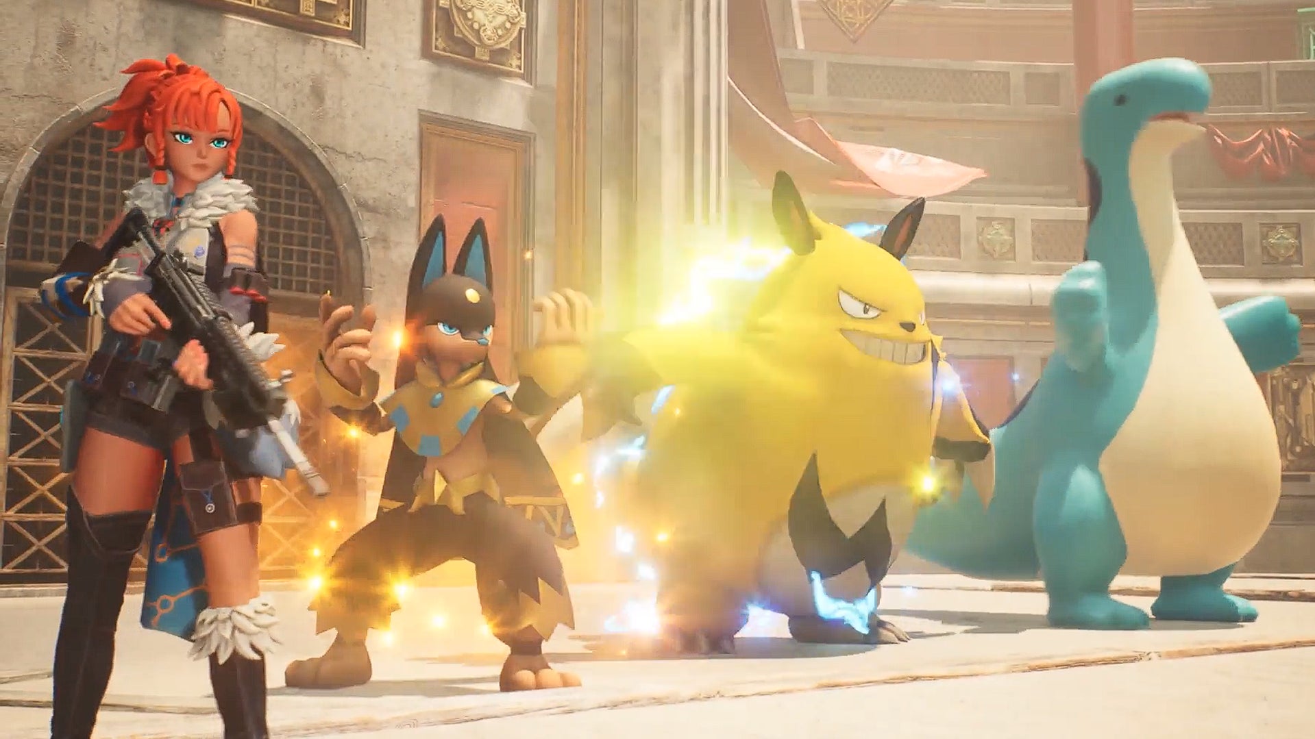 A player holds a gun next to their party of pals in the teaser for Palworld's upcoming PvP arena mode - 1