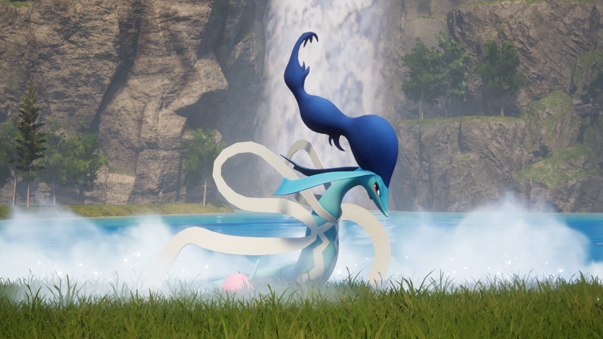 Palworld, official key art of Azurobe in a lake.