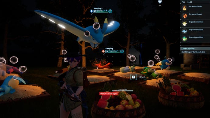 Screenshot of Pals sleeping in a base in Palworld