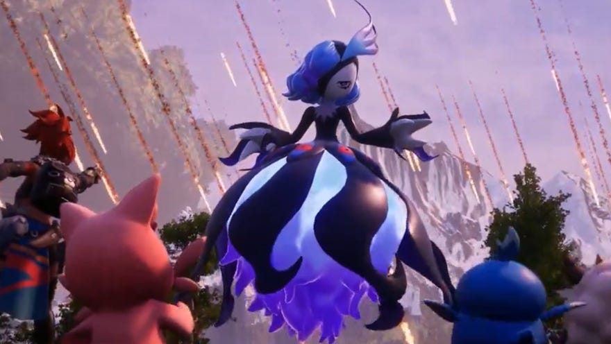 New Palworld raid boss Bellanoir, a Goth girl monster shown flying against a backdrop of meteors
