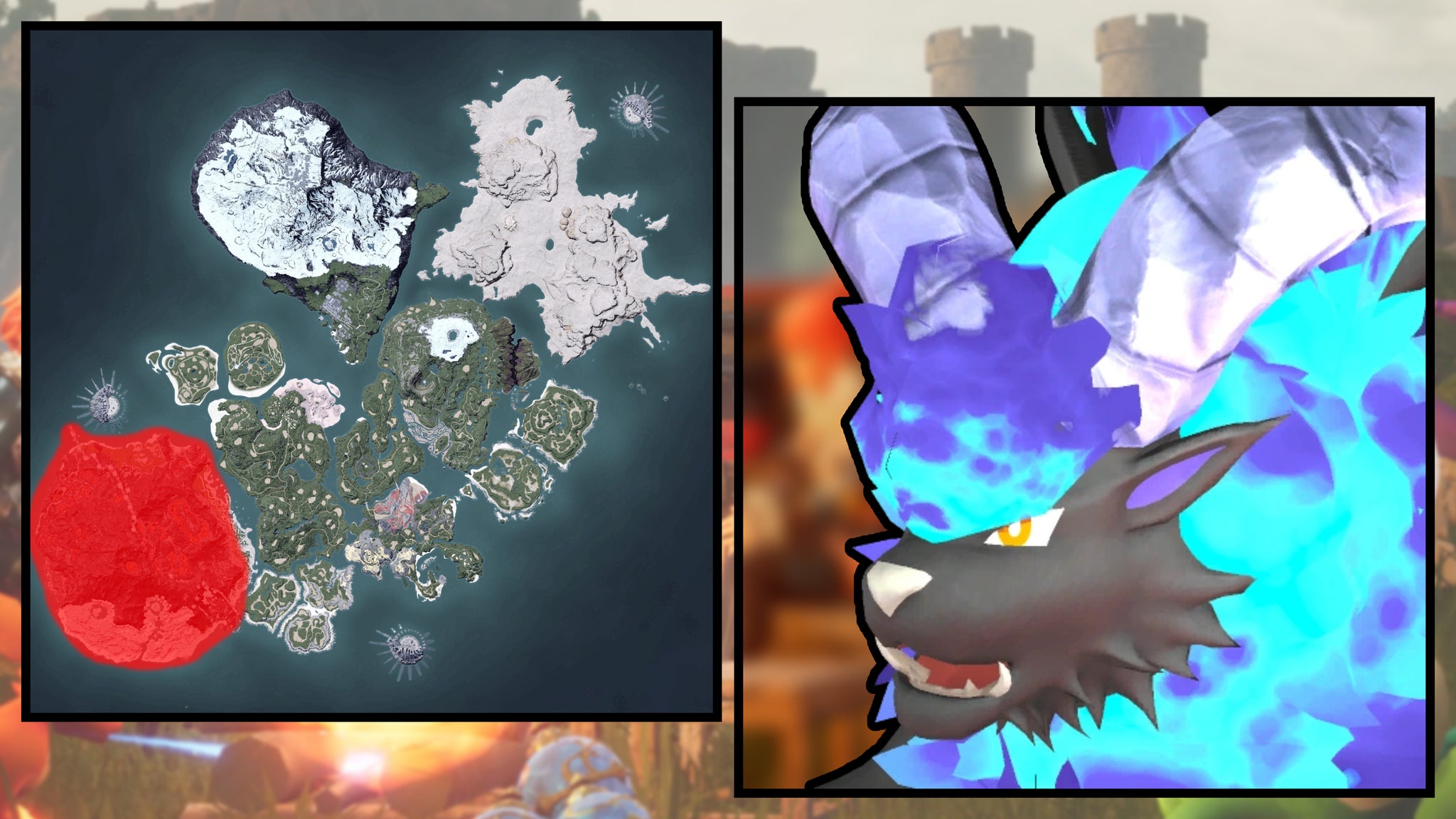 A screenshot of a Blazehowl Noct in Palworld, next to a heatmap of their spawn locations. - 103