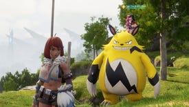A female player character stands next to a large yellow creature with a young girl on their back in Palworld