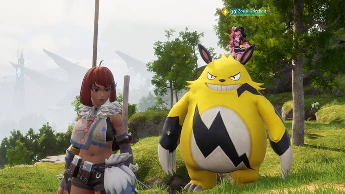 A female player character stands next to a large yellow creature with a young girl on their back in Palworld
