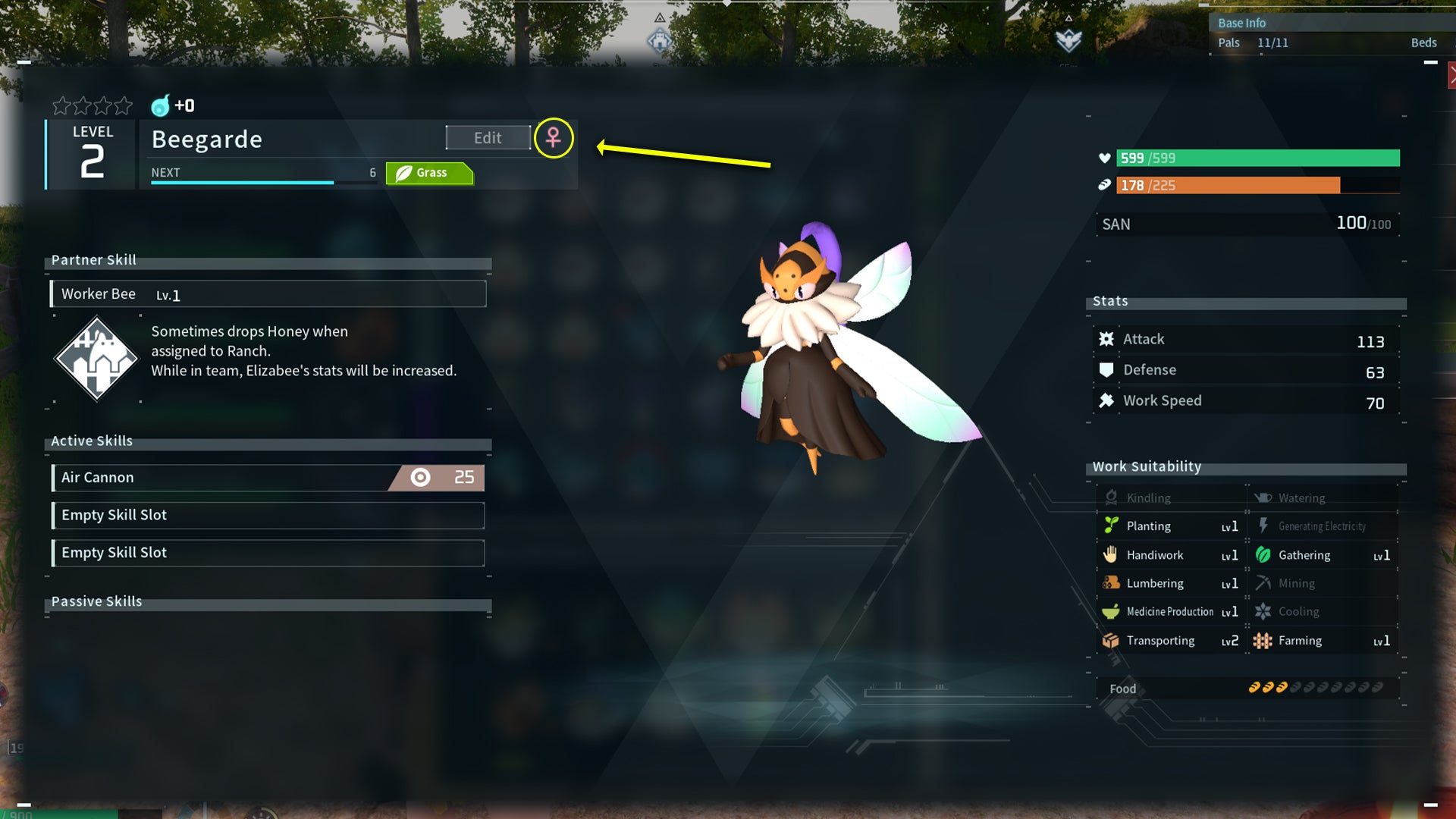 Screenshot of the Pal menu in Palworld showing a Pal's gender - 5