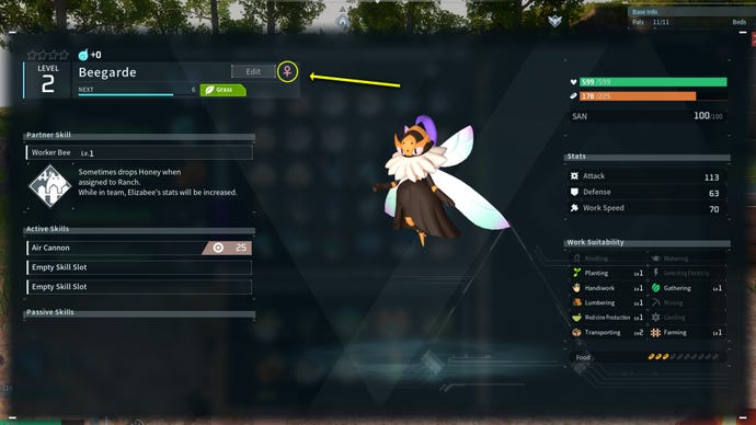 Screenshot of the Pal menu in Palworld showing a Pal's gender