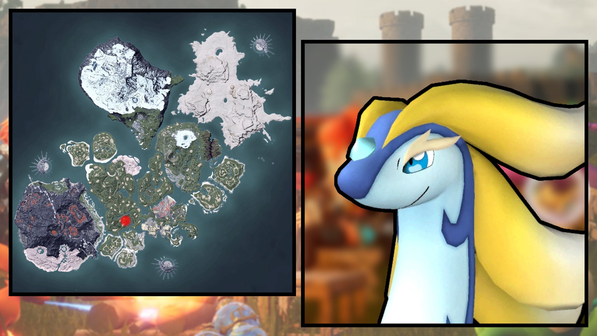 A screenshot of a Broncherry Aqua in Palworld, next to a heatmap of their spawn locations. - 107