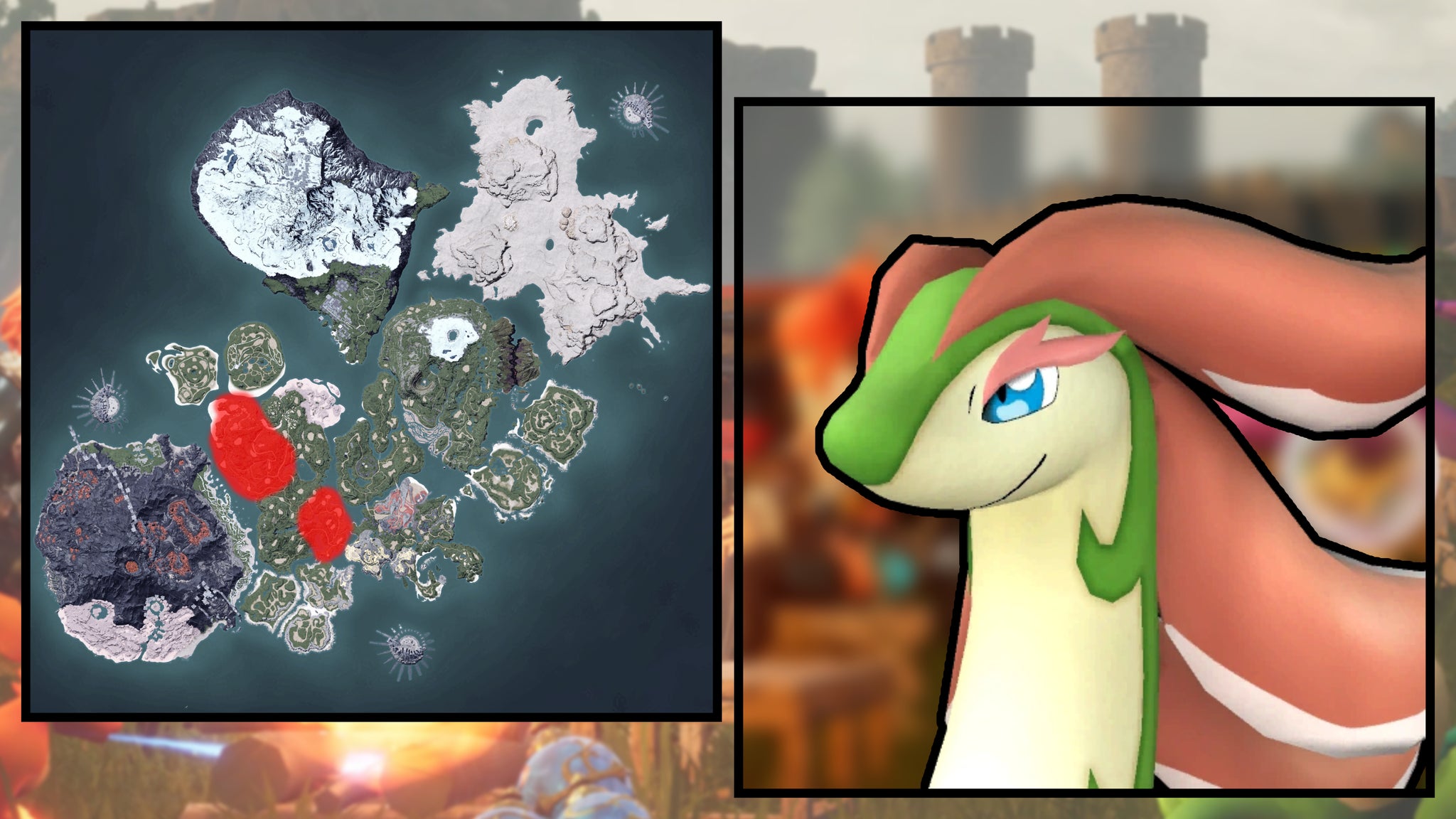 A screenshot of a Broncherry in Palworld, next to a heatmap of their spawn locations. - 106