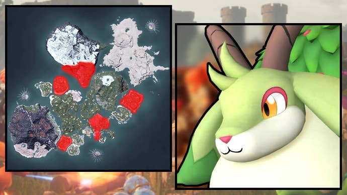 A screenshot of a Caprity in Palworld, next to a heatmap of their spawn locations.