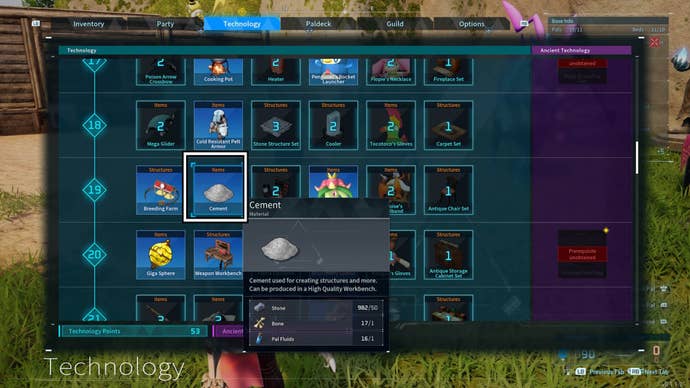 palworld cement recipe has been highlighted in the technology menu