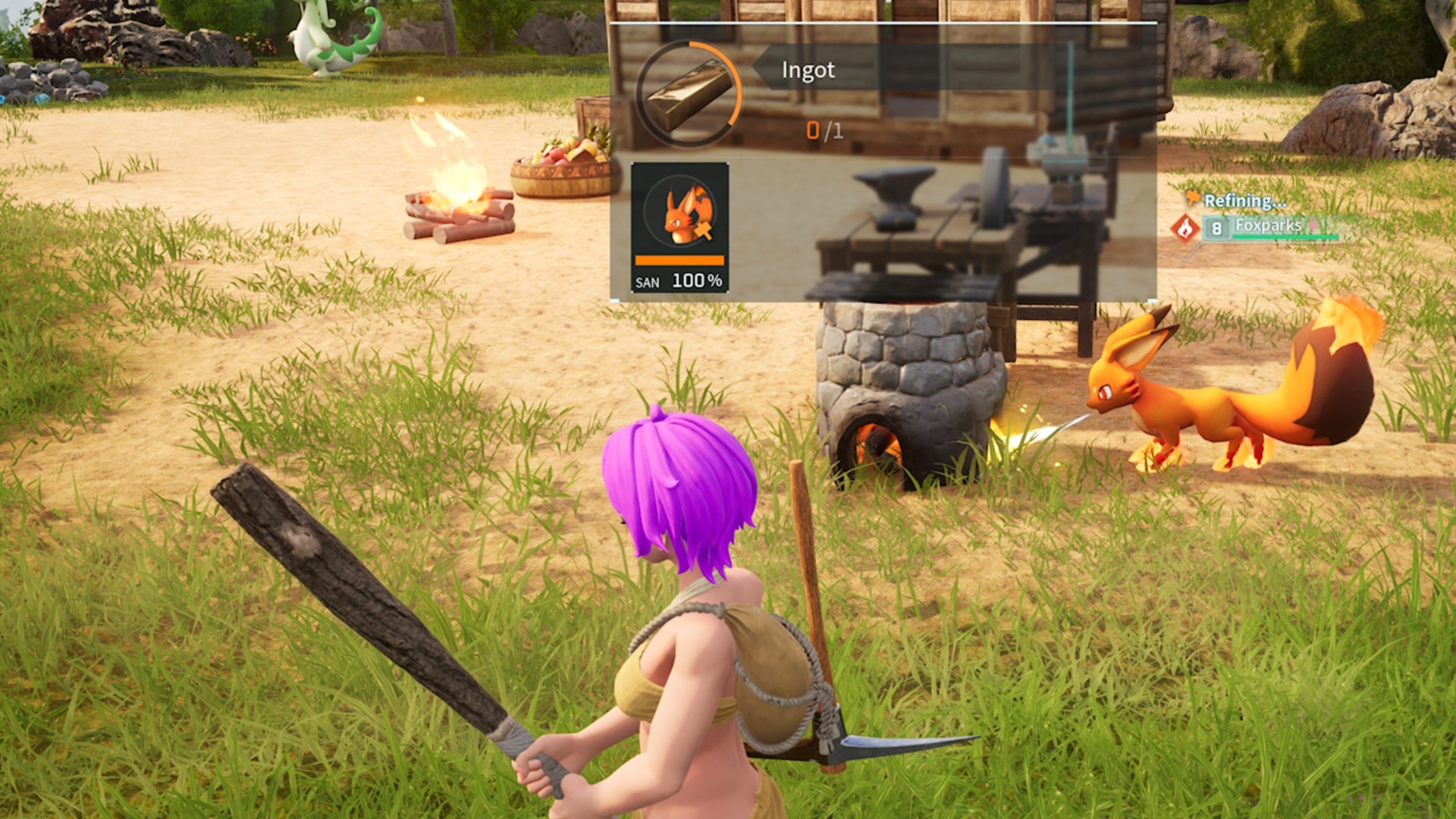 palworld character facing foxparks burning primitive furnace for ingot