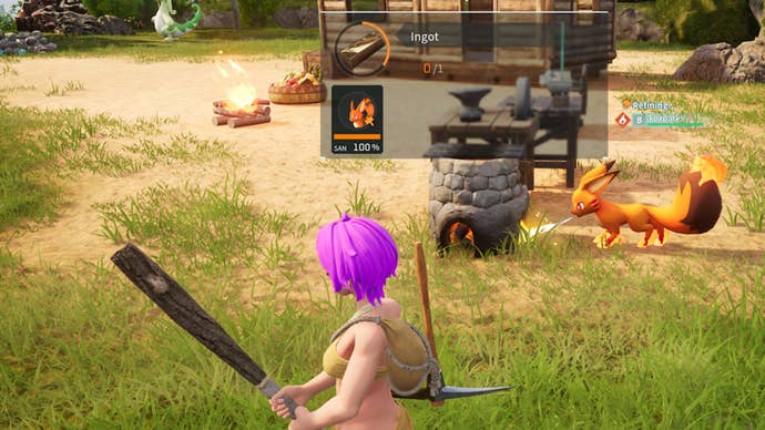 palworld character facing foxparks burning primitive furnace for ingot