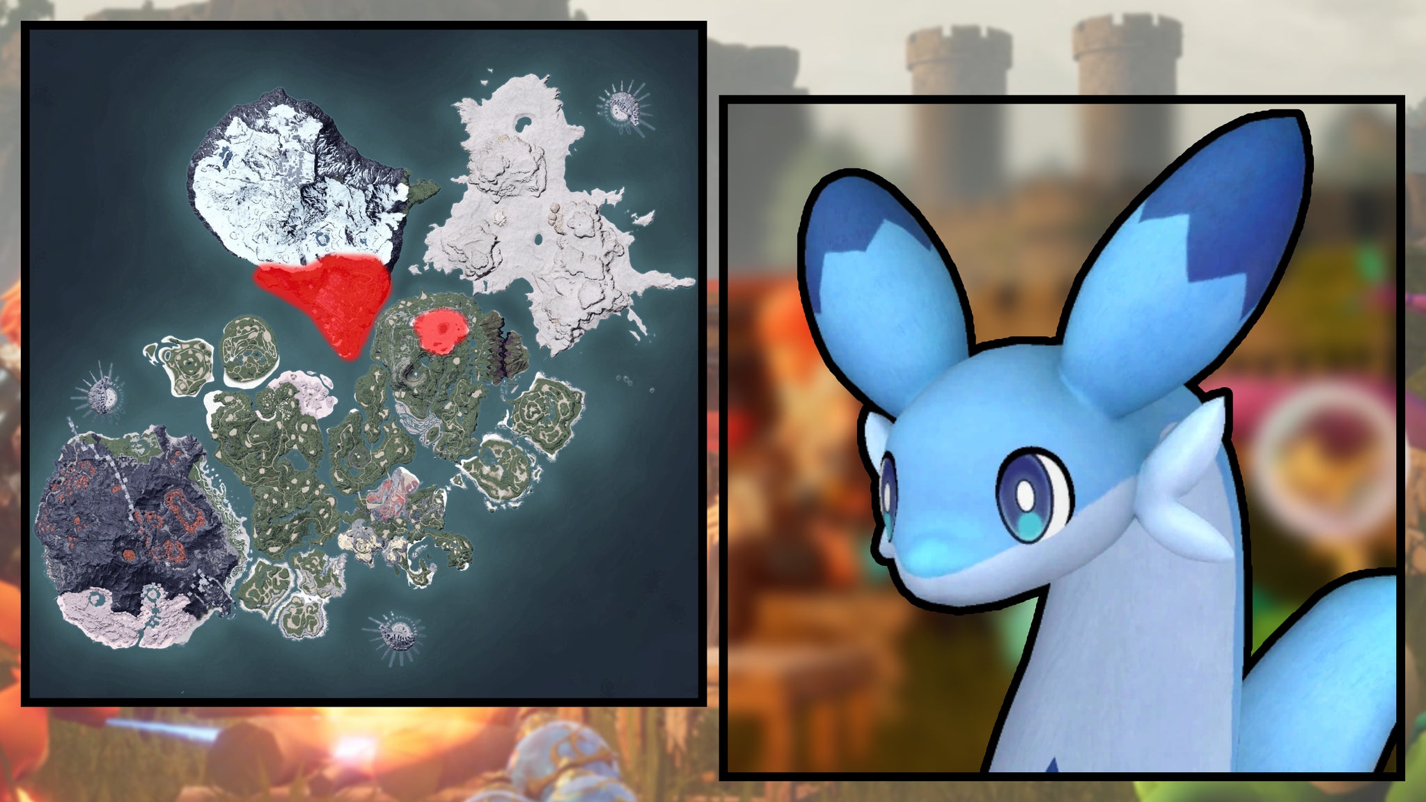 A screenshot of a Chillet in Palworld, next to a heatmap of their spawn locations. - 67