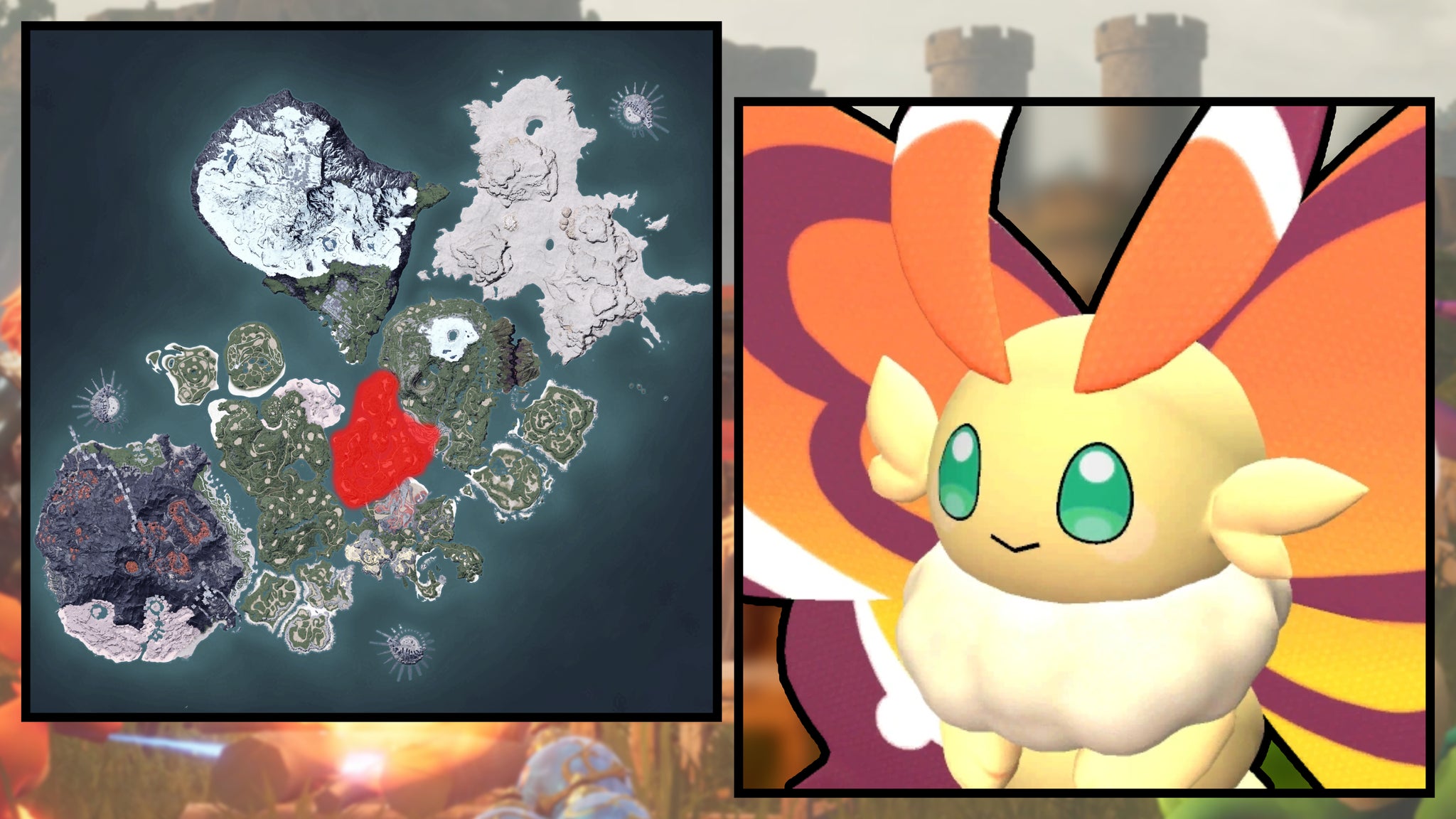 A screenshot of a Cinnamoth in Palworld, next to a heatmap of their spawn locations. - 51