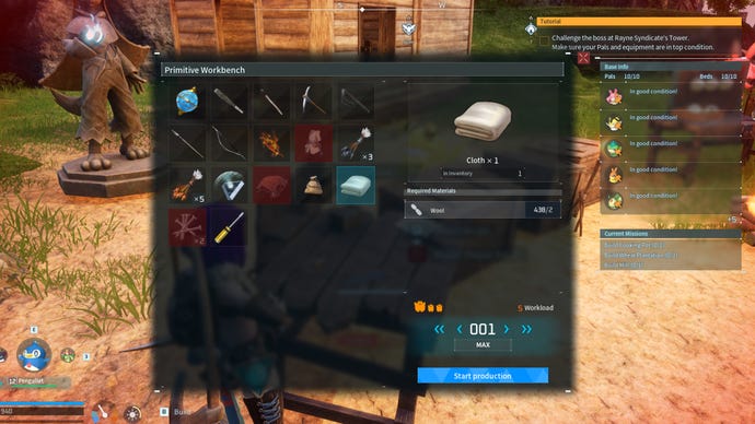 Palworld screenshot of the Cloth crafting recipe