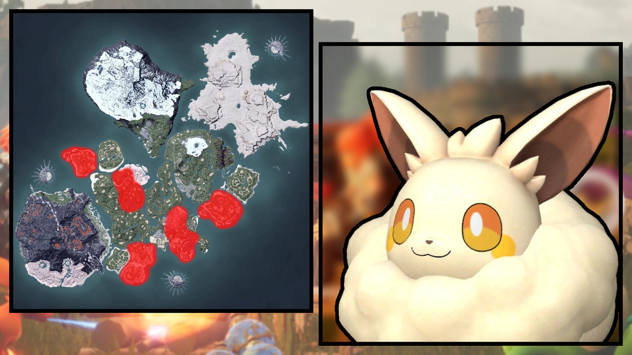 A screenshot of a Cremis in Palworld, next to a heatmap of their spawn locations. - 22