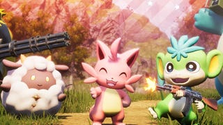 Cropped in Palworld promo image showing three happy Pals, with the green-monkey like on firing off a gun