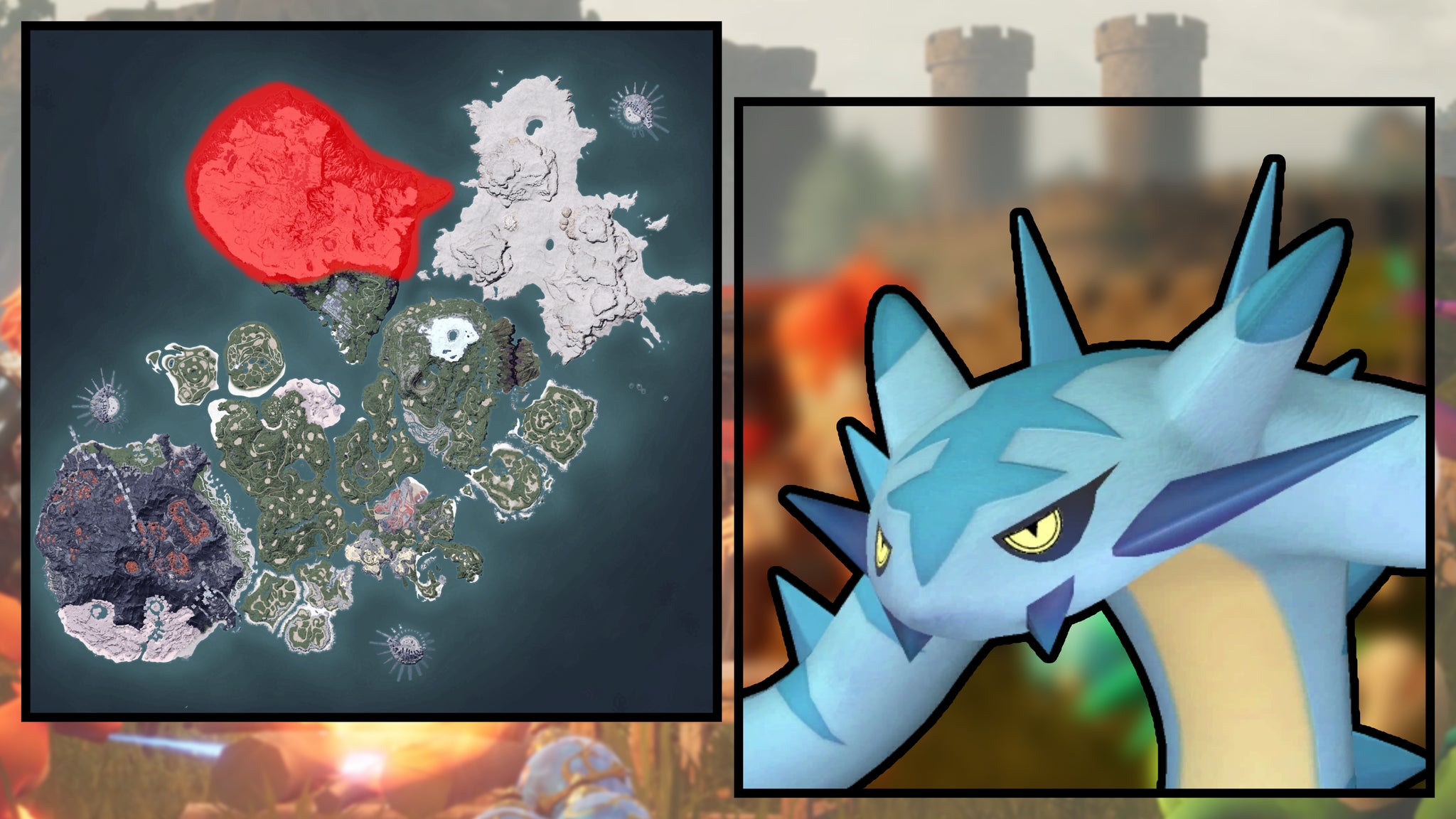 A screenshot of a Cryolinx in Palworld, next to a heatmap of their spawn locations. - 101