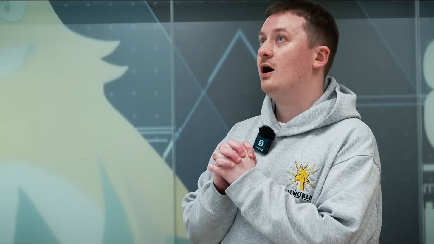 Palworld dating sim in development announcement trailer, showing a developer praying to the sky cropped.